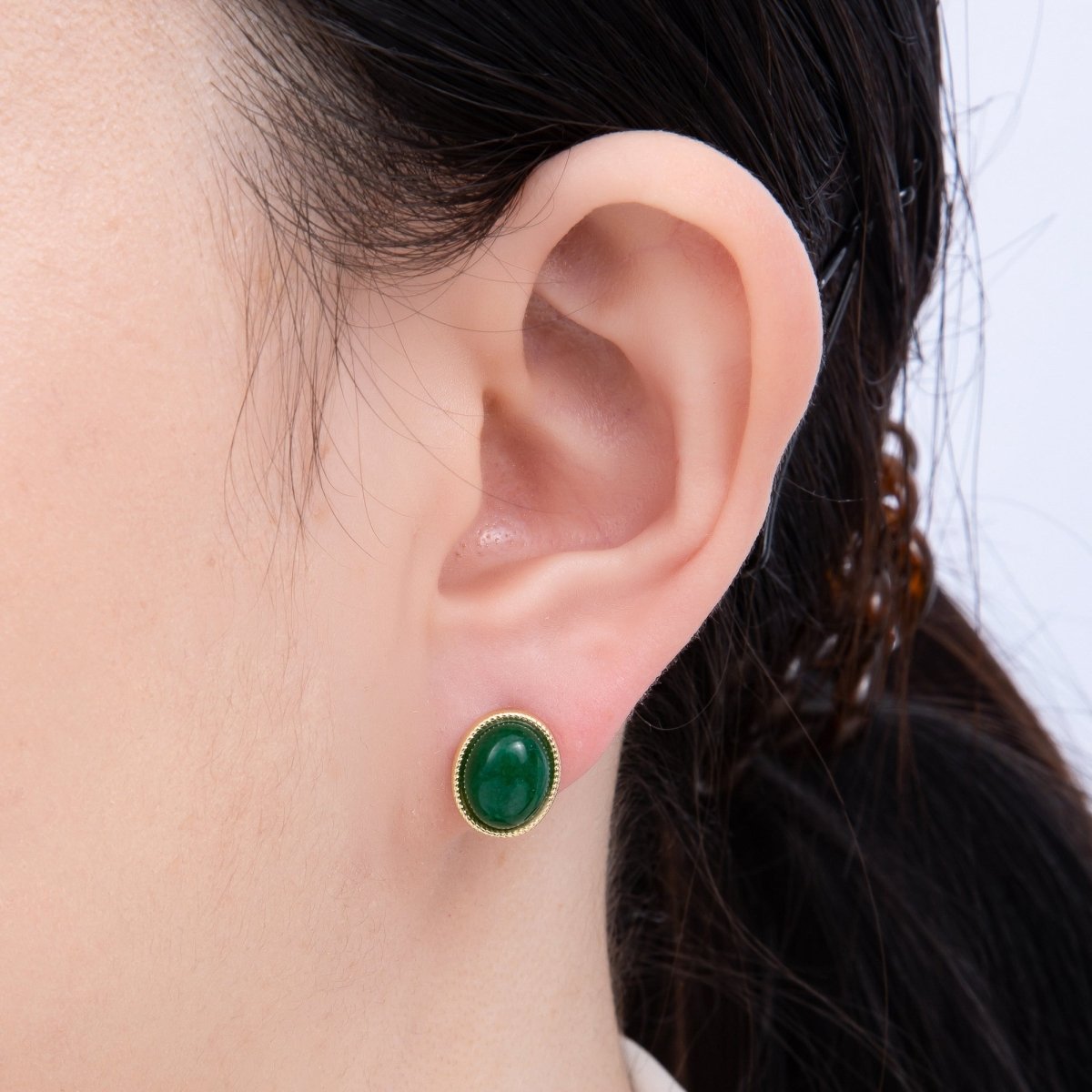 16K Gold Filled 12mm Amazonite, Carnelian, Green Agate, Labradorite Oval Gemstone Bezel Stud Earrings | EARRINGS-00234 - EARRINGS-00237
