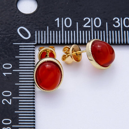 16K Gold Filled 12mm Amazonite, Carnelian, Green Agate, Labradorite Oval Gemstone Bezel Stud Earrings | EARRINGS-00234 - EARRINGS-00237