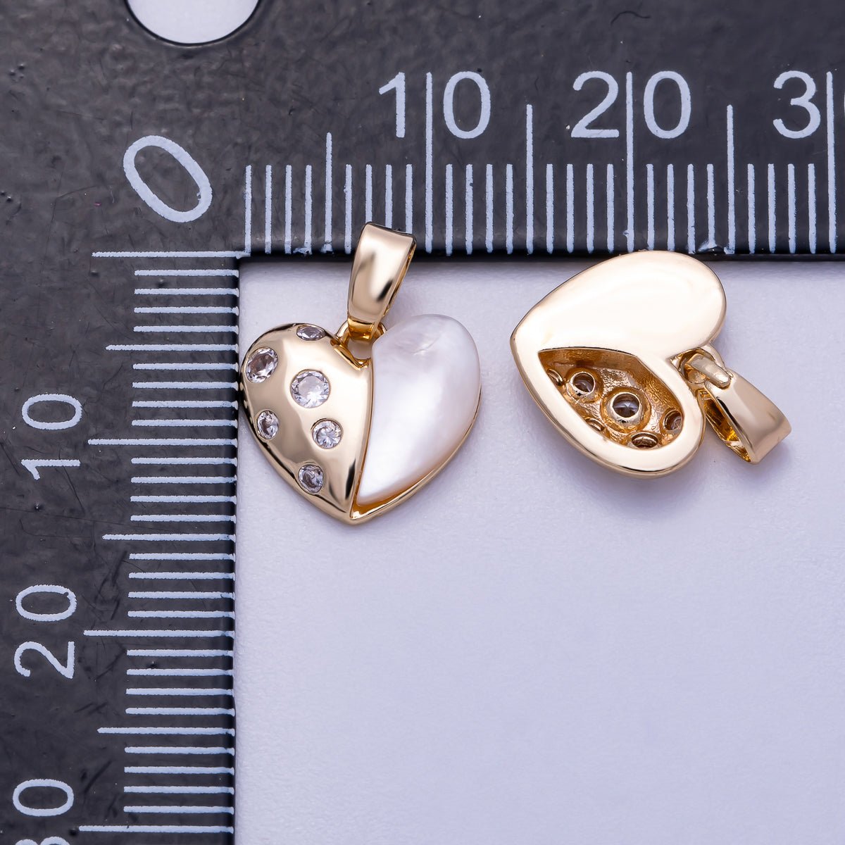 16K Gold Filled 12mm Mother Of Pearl CZ Half Love Heart Charm | Charms-00592
