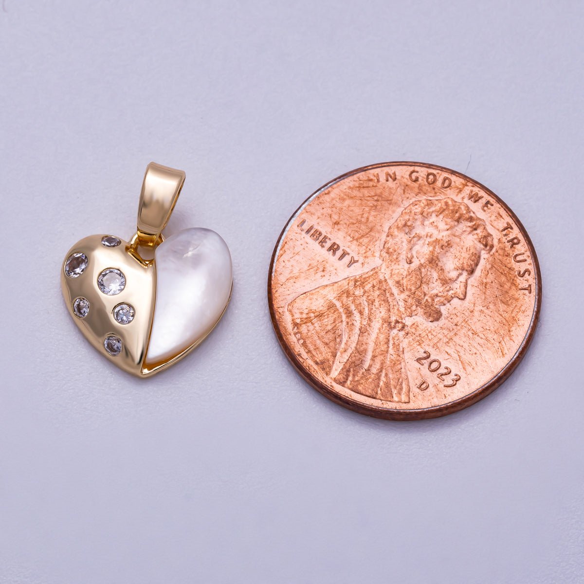 16K Gold Filled 12mm Mother Of Pearl CZ Half Love Heart Charm | Charms-00592