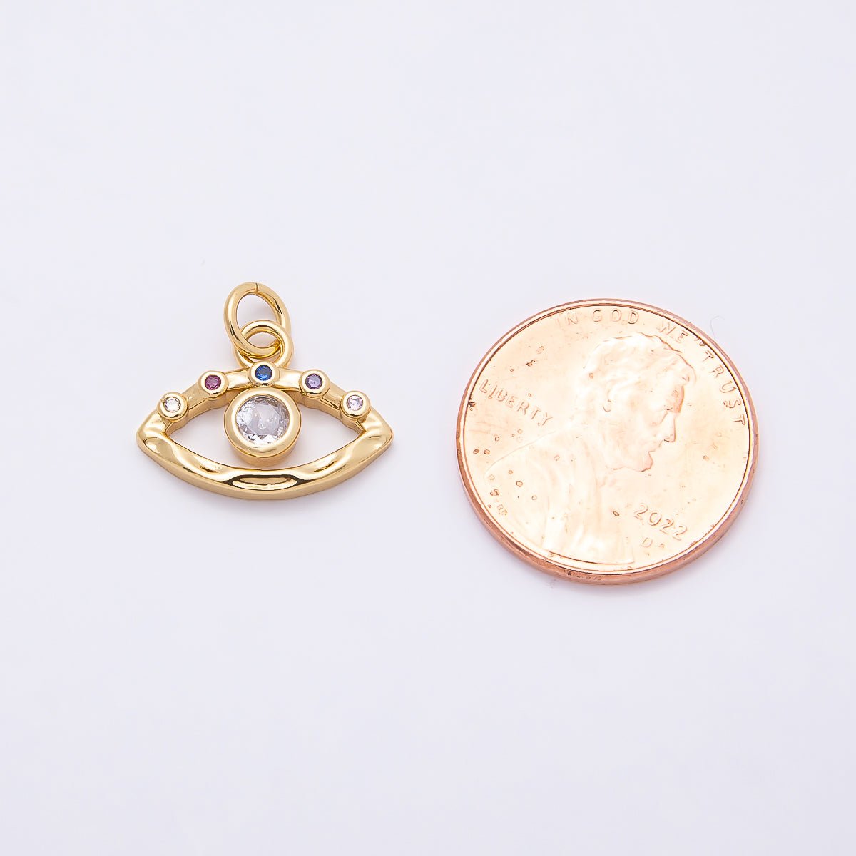 16K Gold Filled 12mm Multicolor Clear CZ Evil Eye Open Textured Charm | Charms-00863