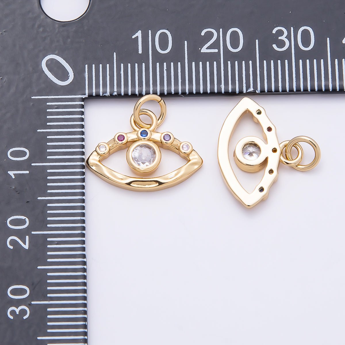 16K Gold Filled 12mm Multicolor Clear CZ Evil Eye Open Textured Charm | Charms-00863