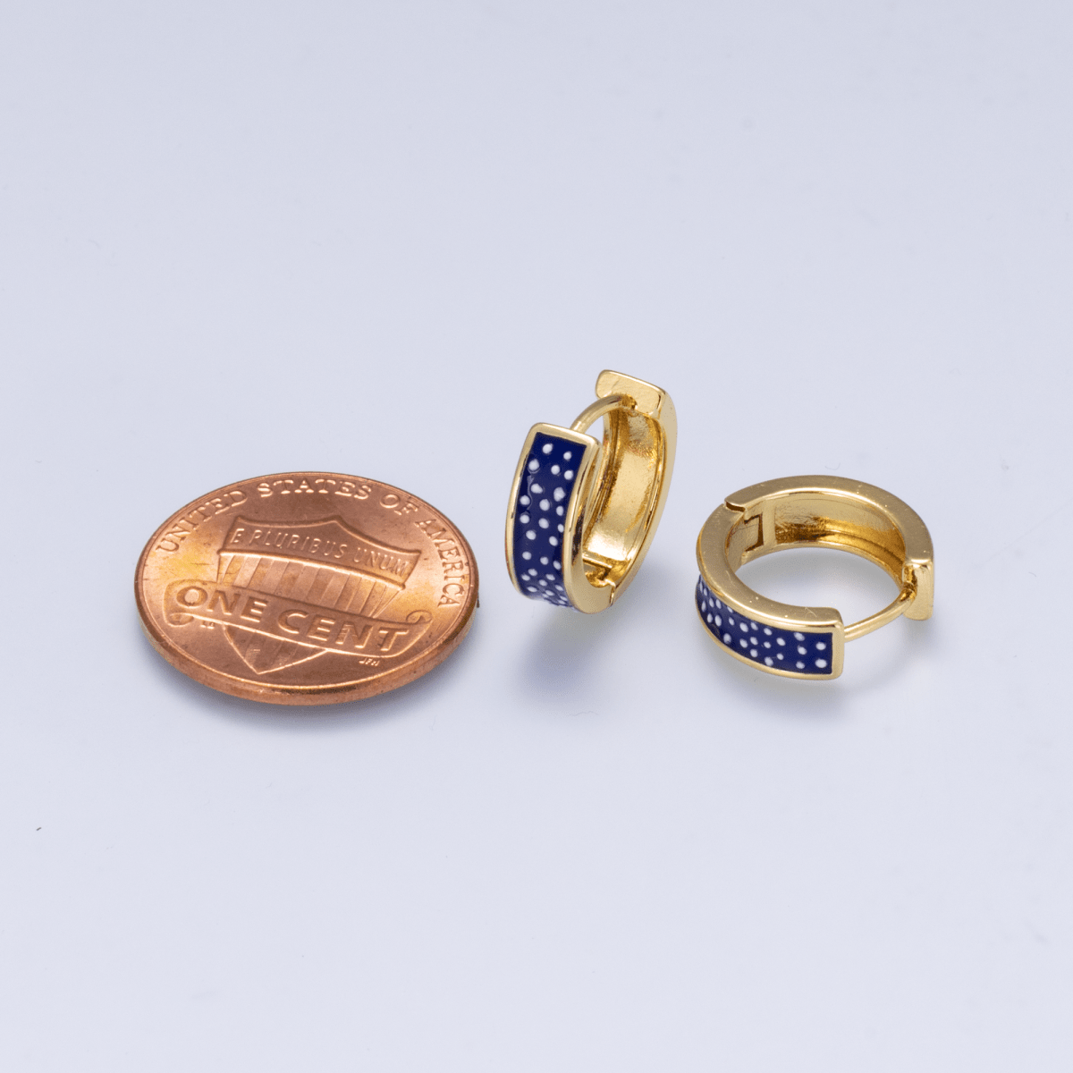 16K Gold Filled 12mm Polka Dotted Blue Enamel Huggie | Earrings-00653