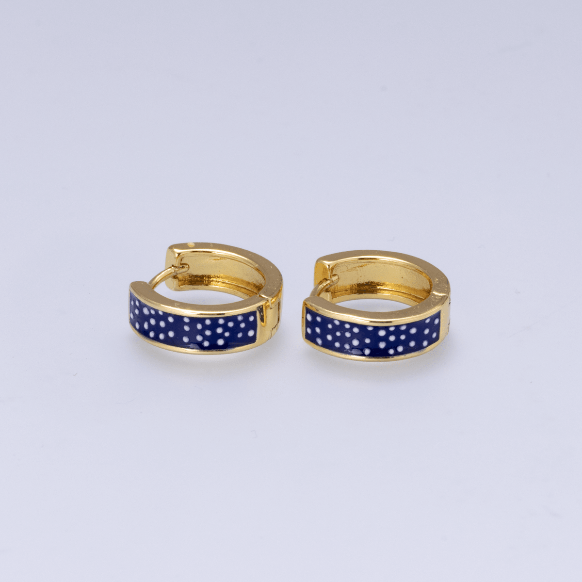 16K Gold Filled 12mm Polka Dotted Blue Enamel Huggie | Earrings-00653
