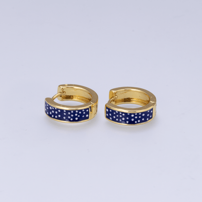 16K Gold Filled 12mm Polka Dotted Blue Enamel Huggie | Earrings-00653