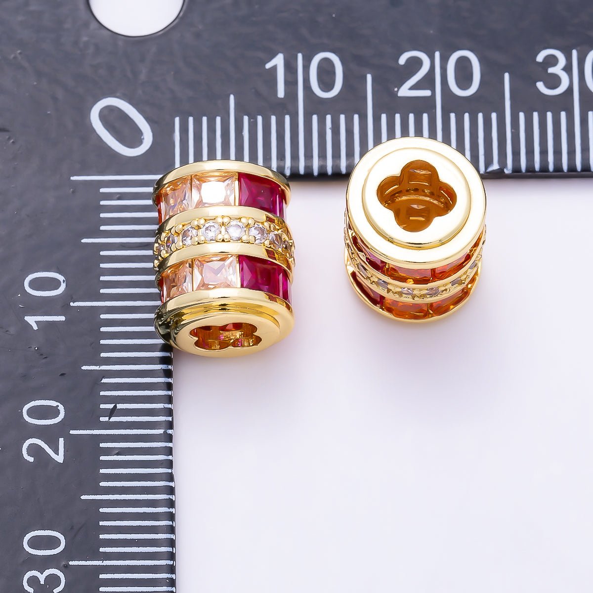 16K Gold Filled 10mm x 12mm Red Pink Baguette Gradient Micro Paved CZ Wide Bead | Beads-00539