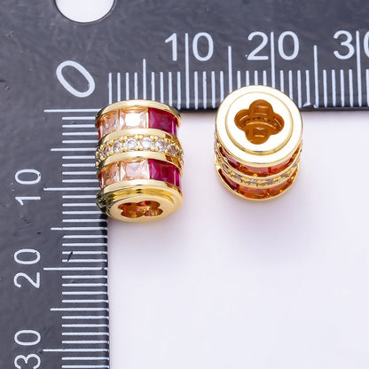 16K Gold Filled 10mm x 12mm Red Pink Baguette Gradient Micro Paved CZ Wide Bead | Beads-00539