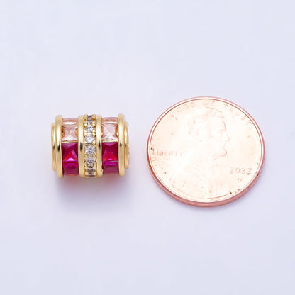 16K Gold Filled 10mm x 12mm Red Pink Baguette Gradient Micro Paved CZ Wide Bead | Beads-00539