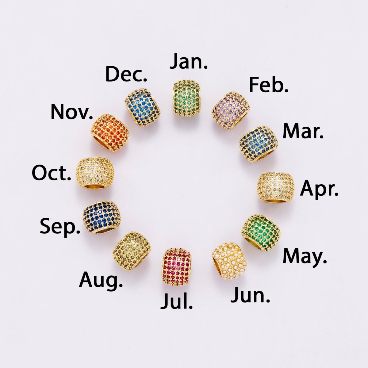 16K Gold Filled 12mm Wide Micro Paved CZ Birthstone Spacer Set | Beads-00039 - Beads-00050