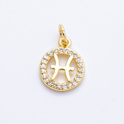 16K Gold Filled 13.5mm Micro Paved CZ Personalized Zodiac Sign Charm | Charms-00223 ~ Charms-00234