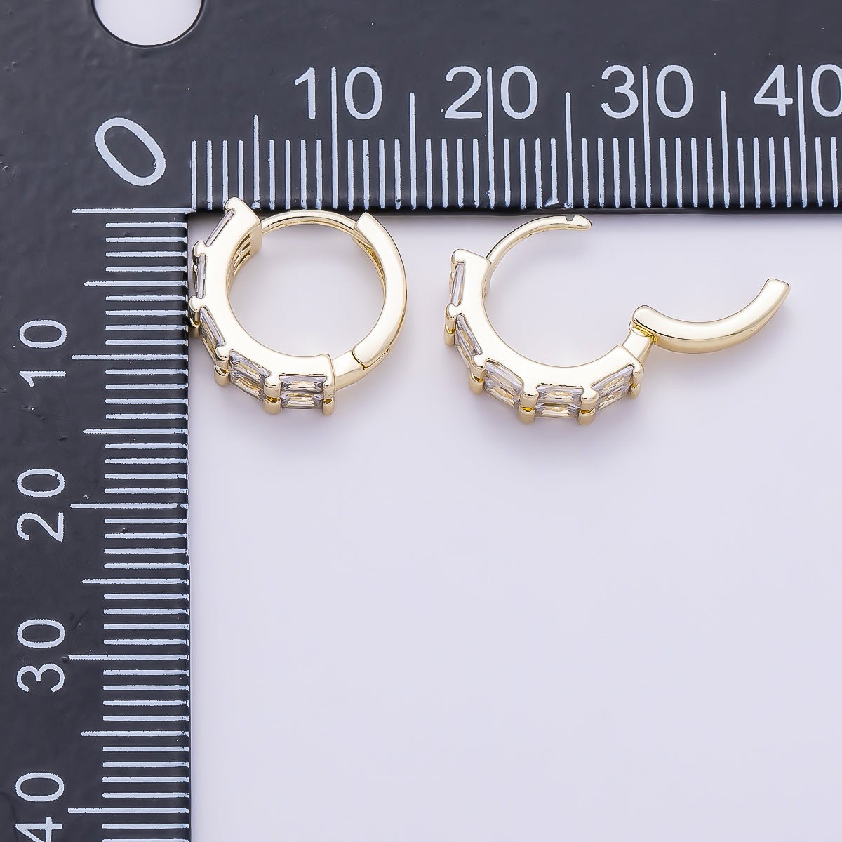 16K Gold Filled 13mm Clear CZ Double Baguette Huggie Hoop | Earrings-00683