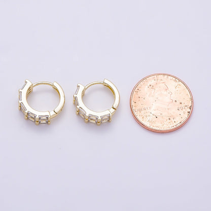 16K Gold Filled 13mm Clear CZ Double Baguette Huggie Hoop | Earrings-00683