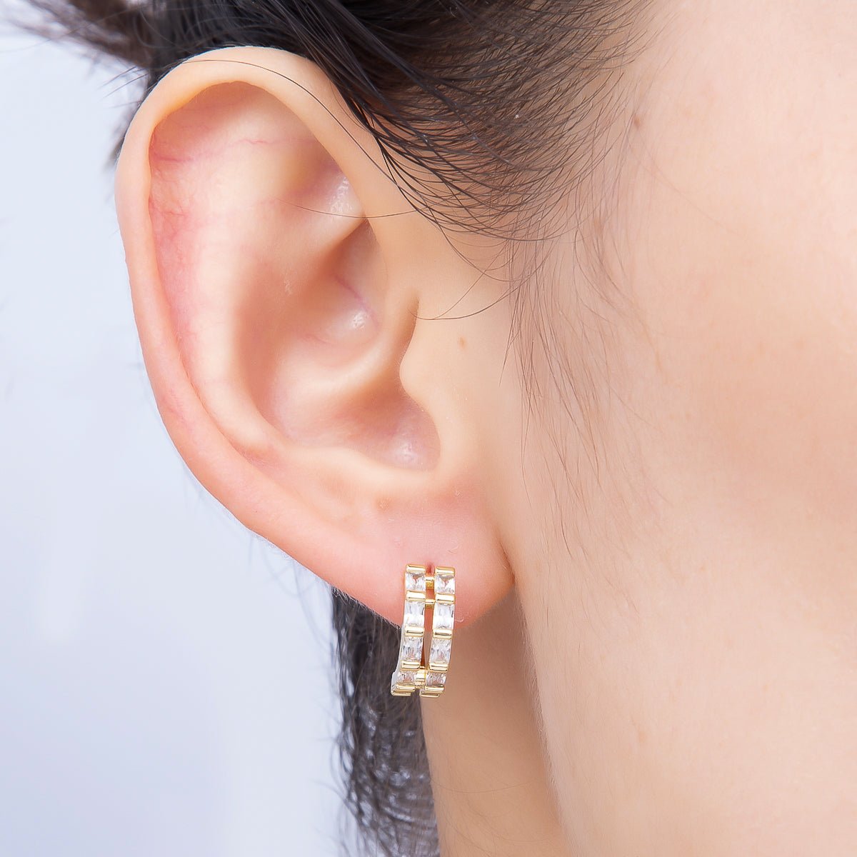16K Gold Filled 13mm Clear CZ Double Baguette Huggie Hoop | Earrings-00683
