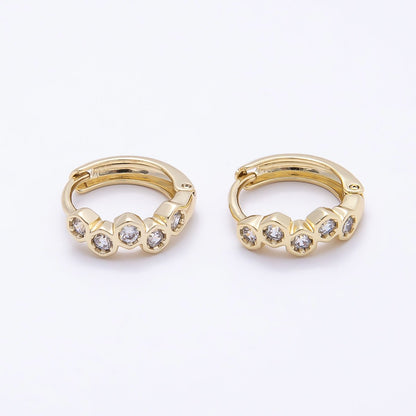 16K Gold Filled 13mm Clear CZ Hexagonal Bezel Huggie Earrings | Earrings-00430