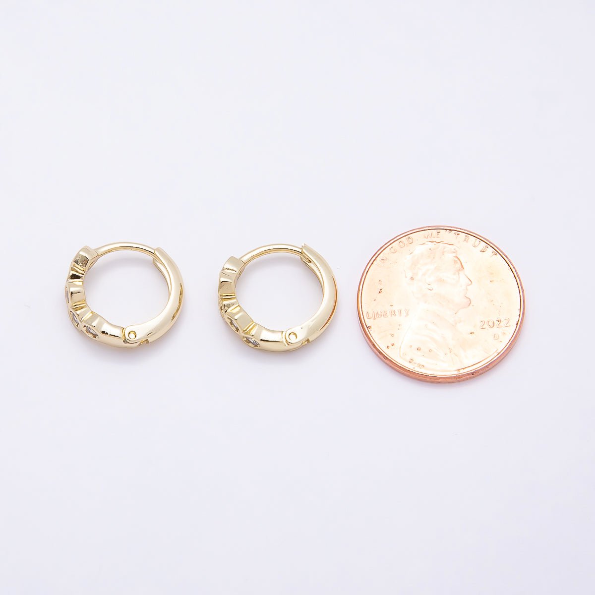 16K Gold Filled 13mm Clear CZ Hexagonal Bezel Huggie Earrings | Earrings-00430