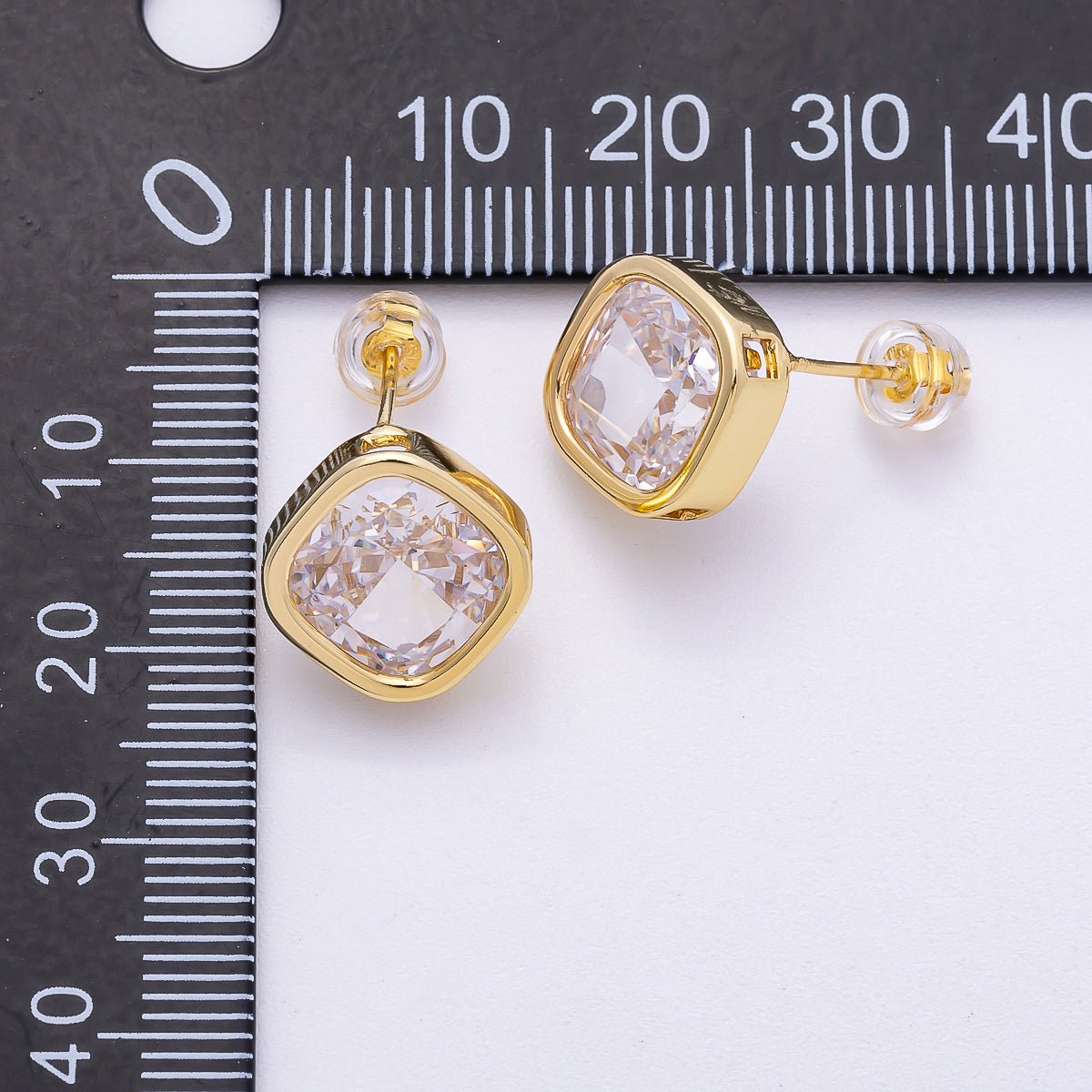 16K Gold Filled 13mm Clear CZ Rhombus Bezel Solitaire Stud Earrings | Earrings-00304