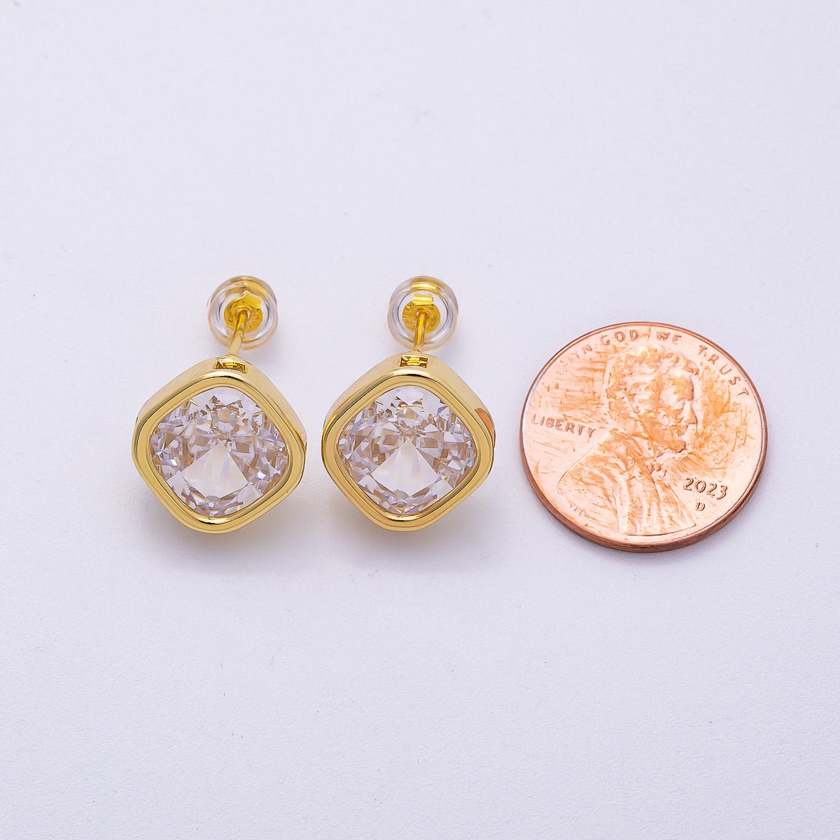 16K Gold Filled 13mm Clear CZ Rhombus Bezel Solitaire Stud Earrings | Earrings-00304