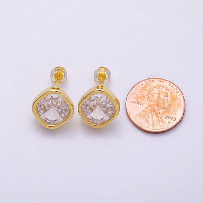 16K Gold Filled 13mm Clear CZ Rhombus Bezel Solitaire Stud Earrings | Earrings-00304