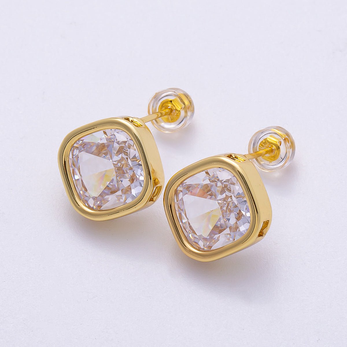 16K Gold Filled 13mm Clear CZ Rhombus Bezel Solitaire Stud Earrings | Earrings-00304