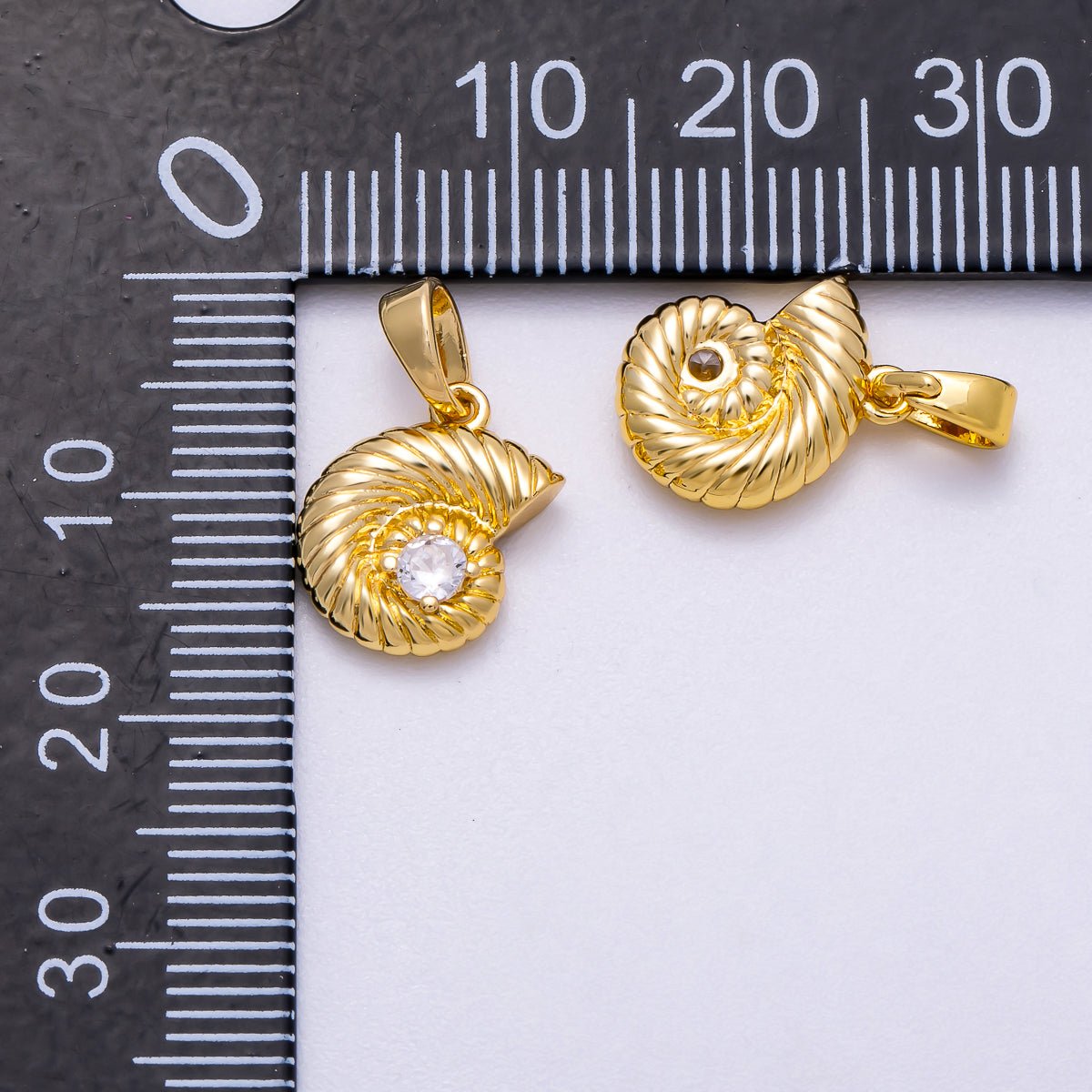 16K Gold Filled 13mm Clear CZ Ribbed Seashell Charm | Charms-00595