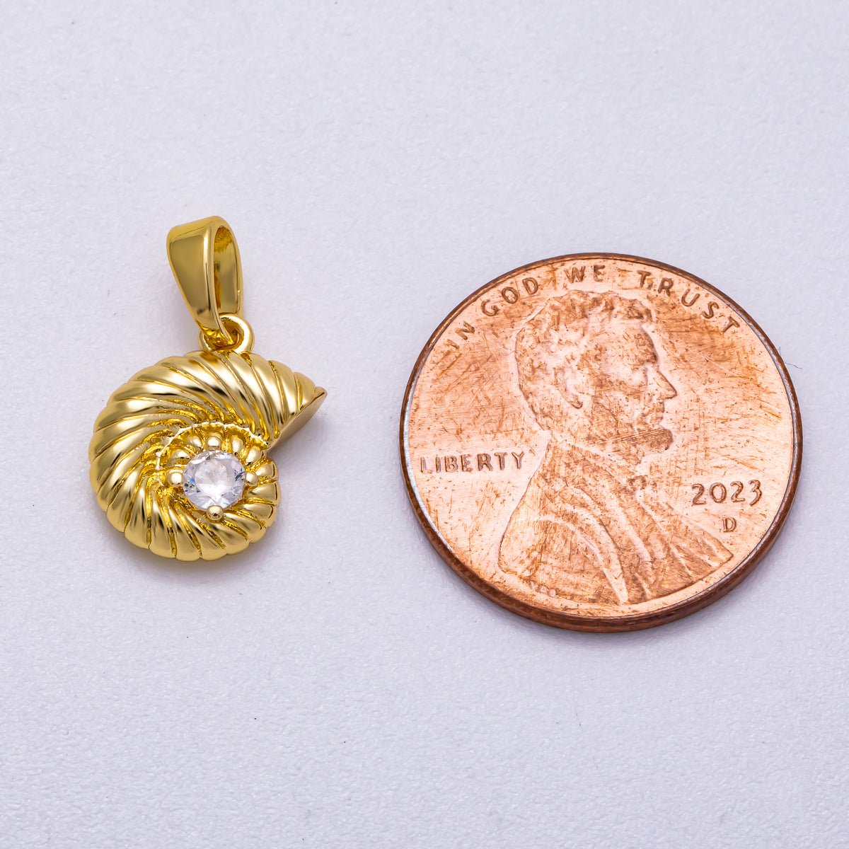 16K Gold Filled 13mm Clear CZ Ribbed Seashell Charm | Charms-00595