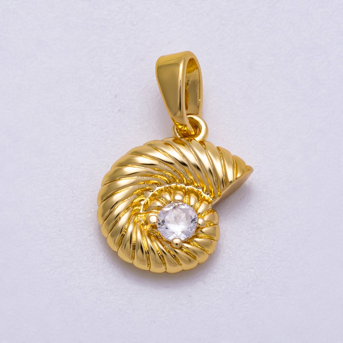 16K Gold Filled 13mm Clear CZ Ribbed Seashell Charm | Charms-00595