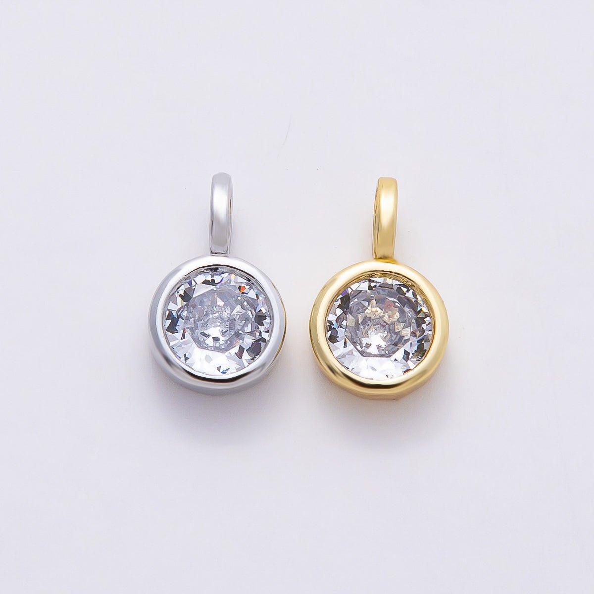 16K Gold Filled 13mm Clear CZ Round Bezel Solitaire Pendant in Gold &amp; Silver | Charms-00838 Charms-00839