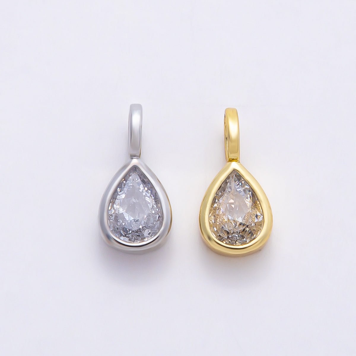 16K Gold Filled 13mm Clear CZ Teardrop Bezel Solitaire Pendant in Gold &amp; Silver | Charms-00842 Charms-00843