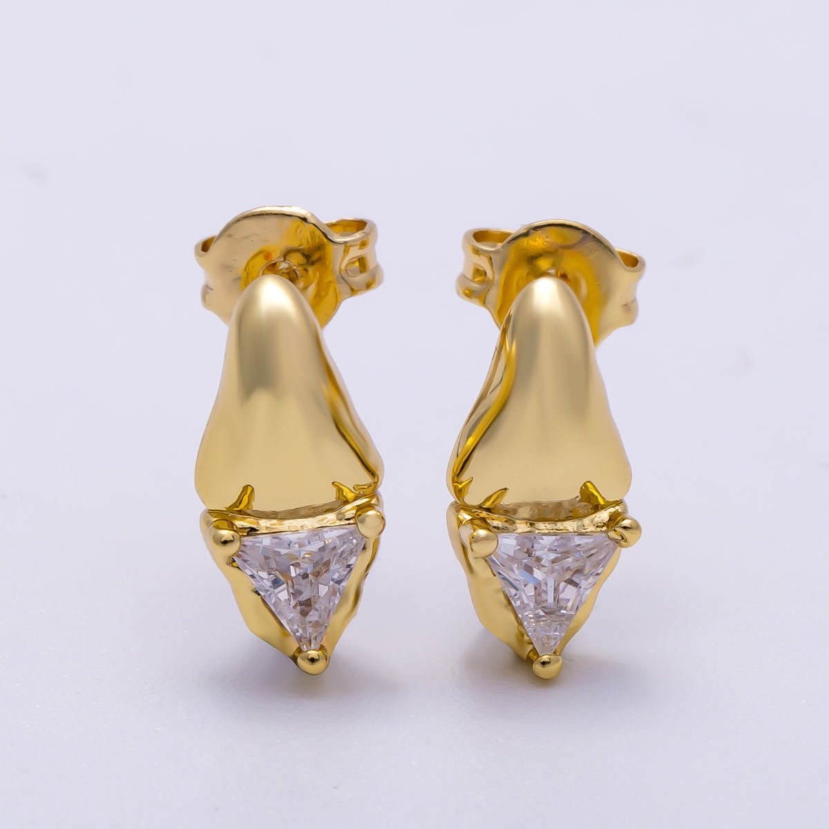 16K Gold Filled 13mm Clear Triangle CZ Molten Drop Stud Earrings | Earrings-00308