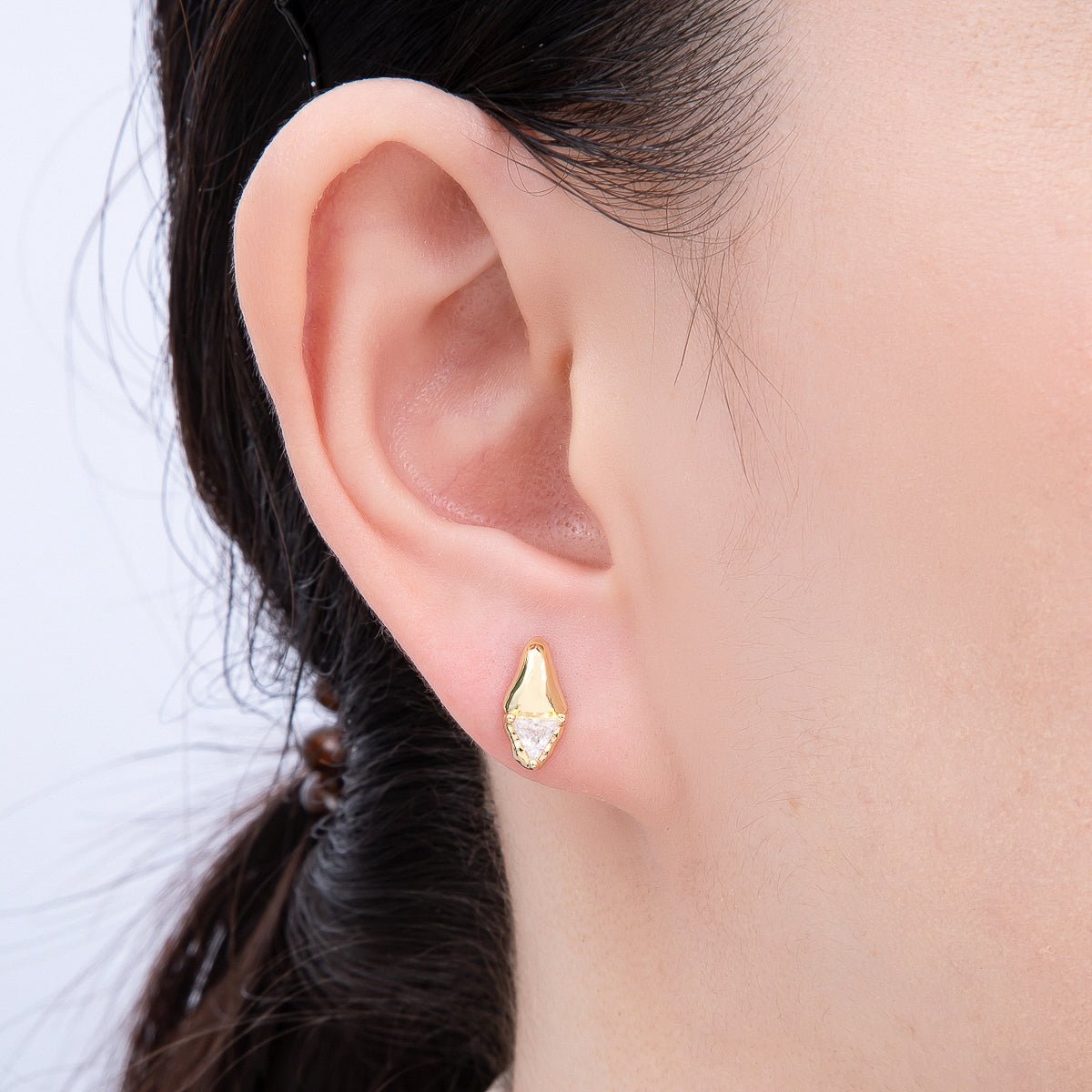 16K Gold Filled 13mm Clear Triangle CZ Molten Drop Stud Earrings | Earrings-00308