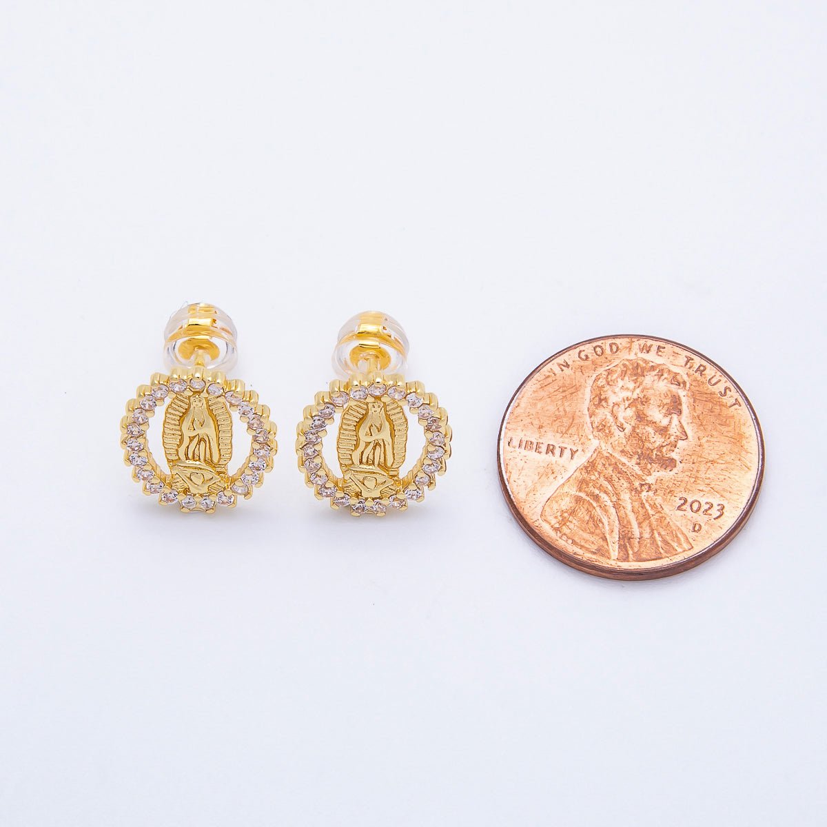 16K Gold Filled 13mm Micro Paved CZ Lady Guadalupe Oval Religious Stud Earrings | Earrings-00351