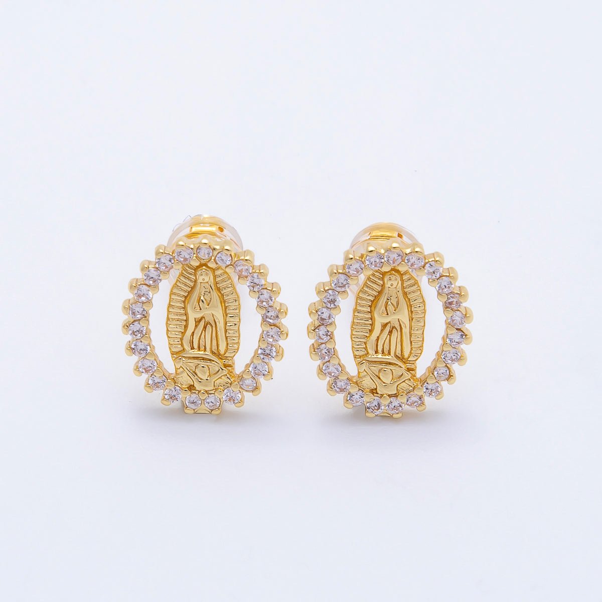 16K Gold Filled 13mm Micro Paved CZ Lady Guadalupe Oval Religious Stud Earrings | Earrings-00351