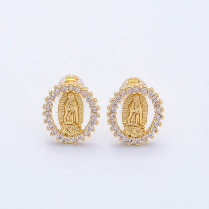 16K Gold Filled 13mm Micro Paved CZ Lady Guadalupe Oval Religious Stud Earrings | Earrings-00351