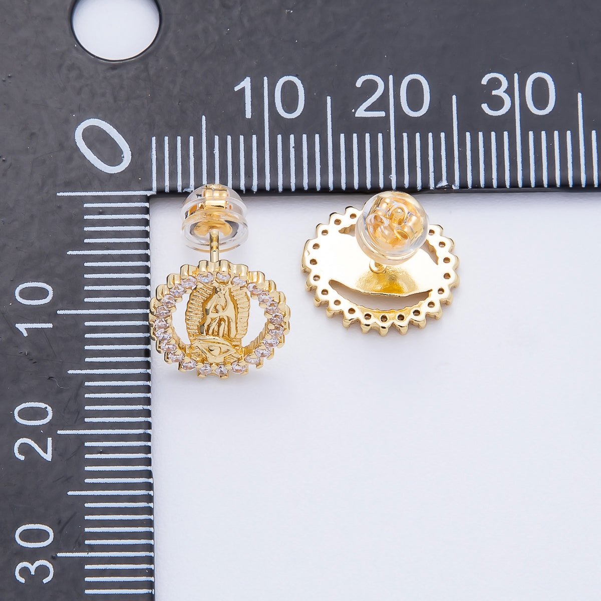 16K Gold Filled 13mm Micro Paved CZ Lady Guadalupe Oval Religious Stud Earrings | Earrings-00351
