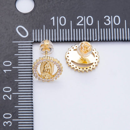 16K Gold Filled 13mm Micro Paved CZ Lady Guadalupe Oval Religious Stud Earrings | Earrings-00351