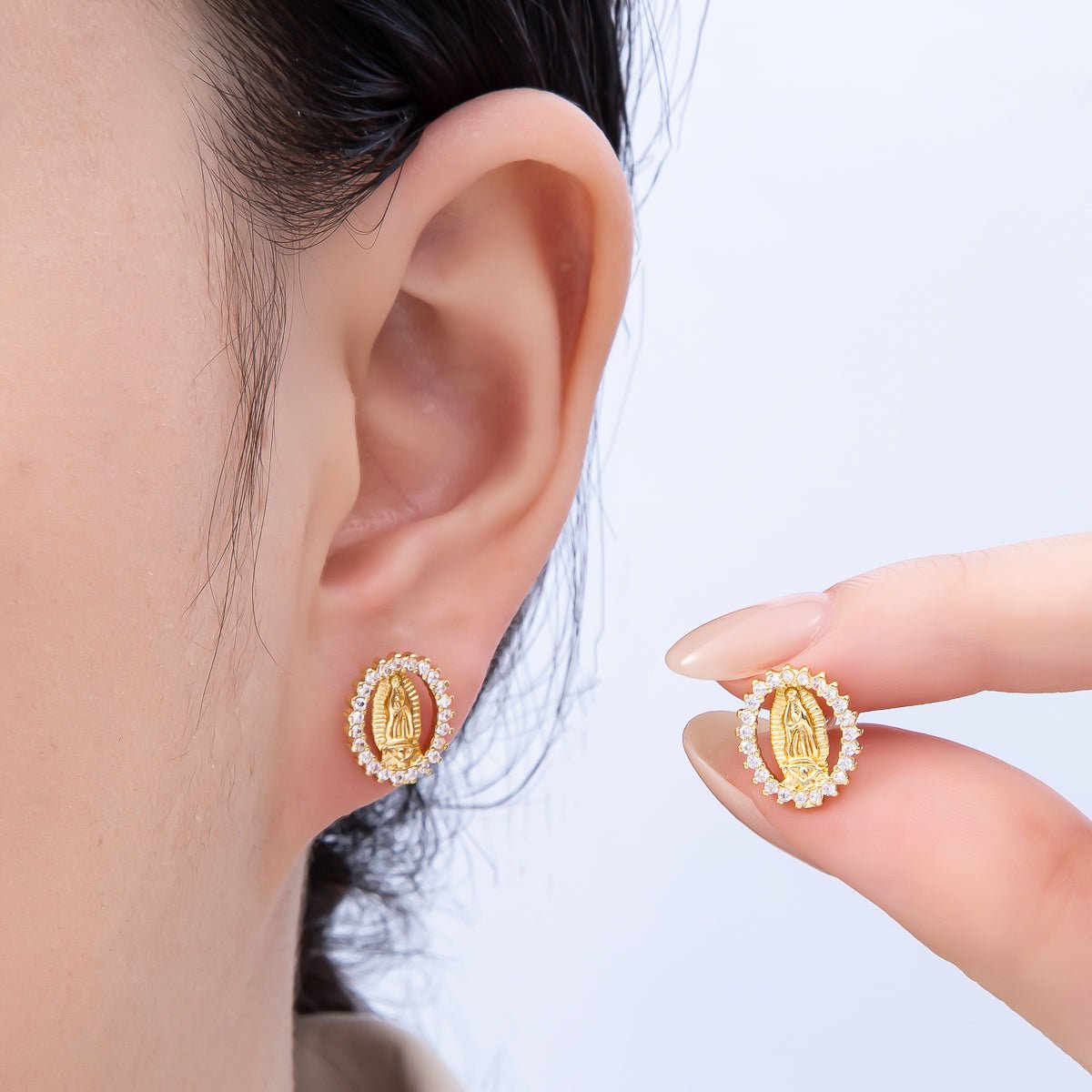 16K Gold Filled 13mm Micro Paved CZ Lady Guadalupe Oval Religious Stud Earrings | Earrings-00351