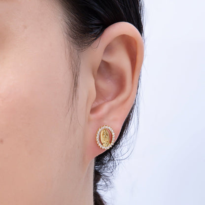 16K Gold Filled 13mm Micro Paved CZ Lady Guadalupe Oval Religious Stud Earrings | Earrings-00351