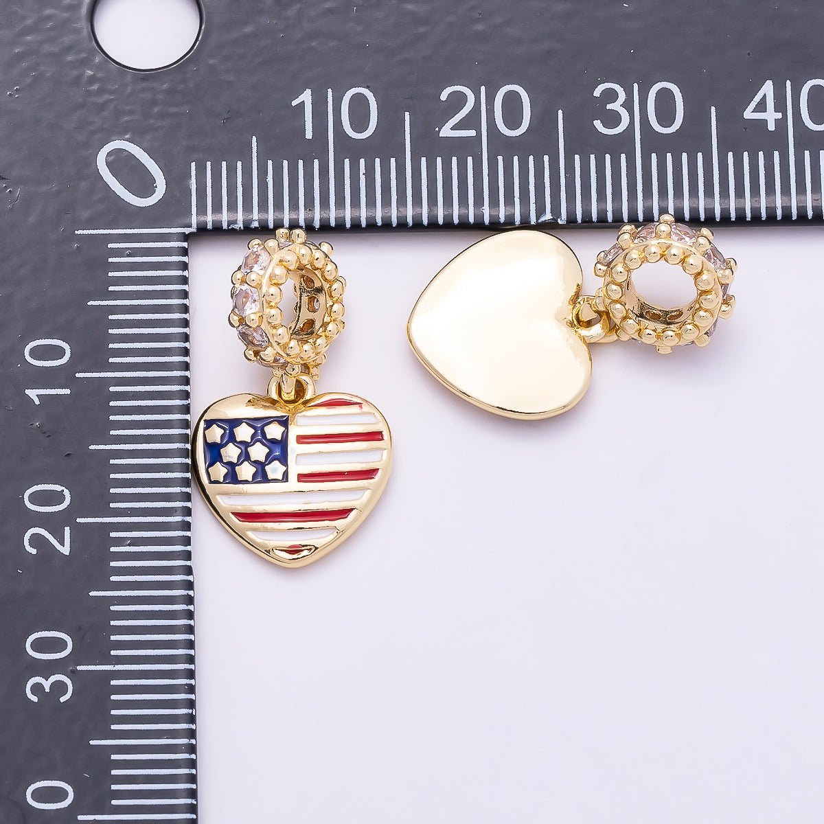 16K Gold Filled 13mm Micro Paved CZ Puffy Heart USA Flag Enamel Pendant | Charms-00961