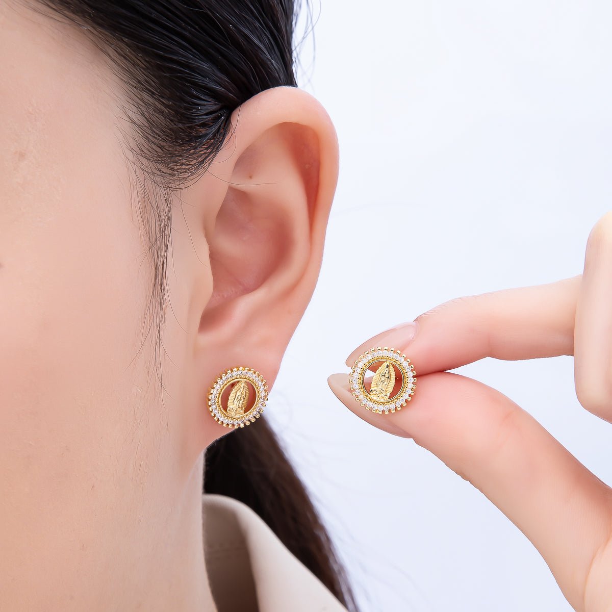 16K Gold Filled 13mm Micro Paved CZ Religious Mother Mary Open Round Stud Earrings | Earrings-00346