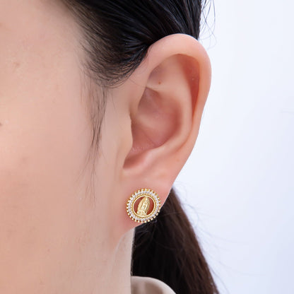 16K Gold Filled 13mm Micro Paved CZ Religious Mother Mary Open Round Stud Earrings | Earrings-00346