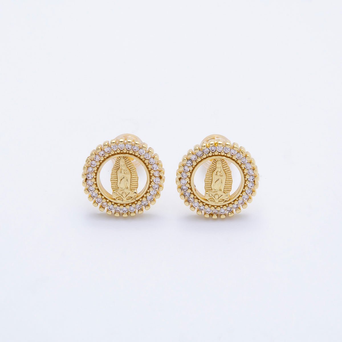 16K Gold Filled 13mm Micro Paved CZ Religious Mother Mary Open Round Stud Earrings | Earrings-00346