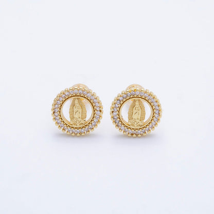 16K Gold Filled 13mm Micro Paved CZ Religious Mother Mary Open Round Stud Earrings | Earrings-00346