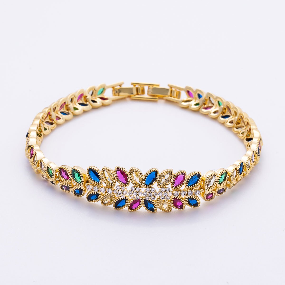 16K Gold Filled 13mm Multicolor Marquise Micro Paved CZ Floral 7 Inch Adjustable Bracelet | WA-04288