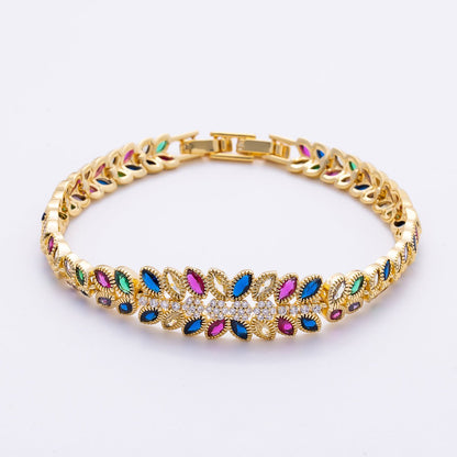 16K Gold Filled 13mm Multicolor Marquise Micro Paved CZ Floral 7 Inch Adjustable Bracelet | WA-04288