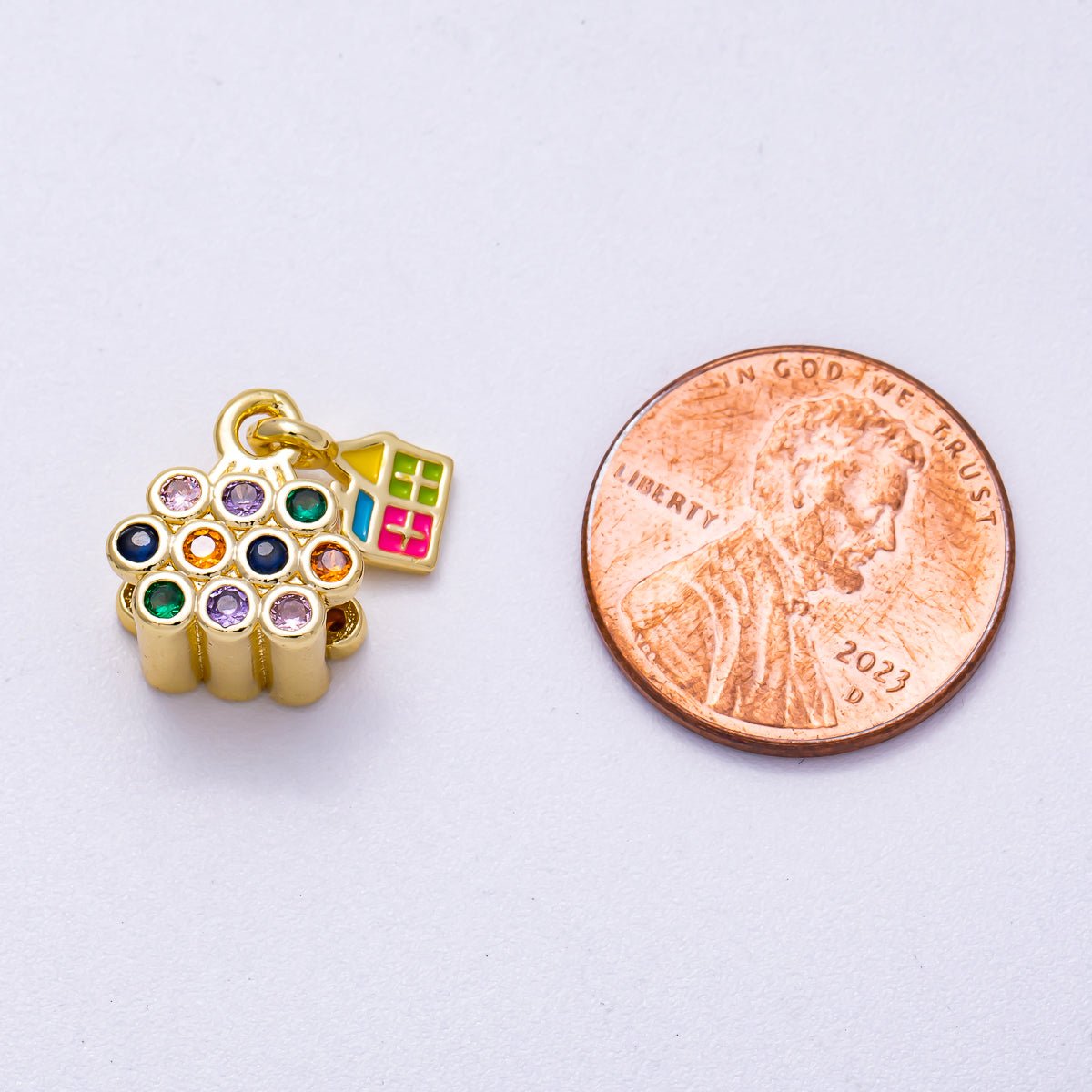 16K Gold Filled 13mm Multicolor CZ Enamel House Balloon Charm | Charms-00624