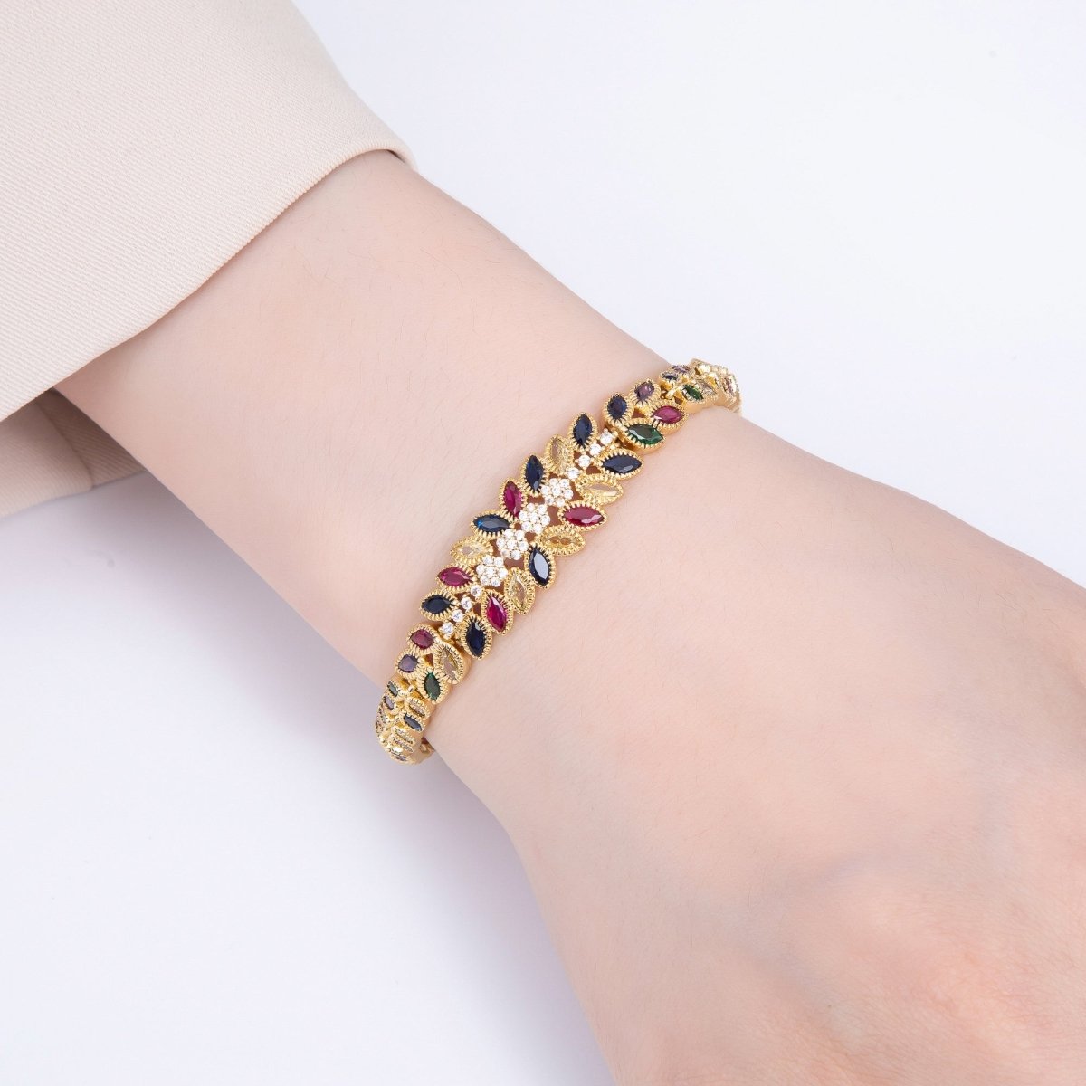 16K Gold Filled 13mm Multicolor Marquise Micro Paved CZ Floral 7 Inch Adjustable Bracelet | WA-04288
