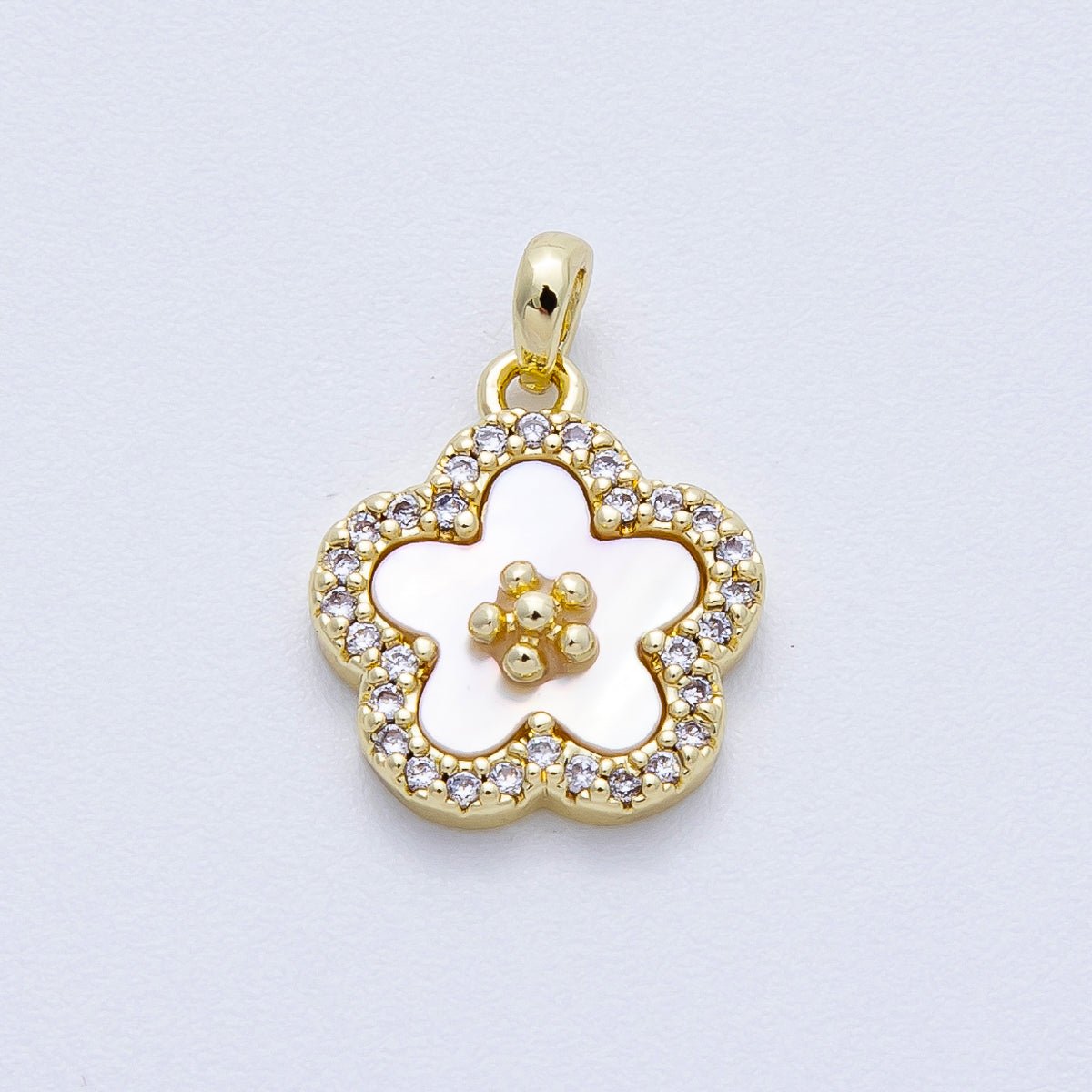 16K Gold Filled 13mm Shell Pearl Micro Paved CZ Flower Pendant | Charms-00427