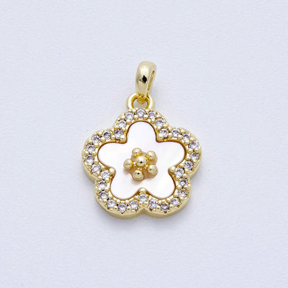 16K Gold Filled 13mm Shell Pearl Micro Paved CZ Flower Pendant | Charms-00427