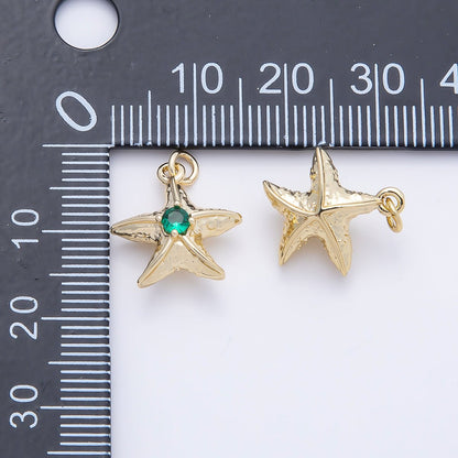 16K Gold Filled 14.5mm Green Teal CZ Textured 3D Multidimensional Starfish Charm | Charms-01255