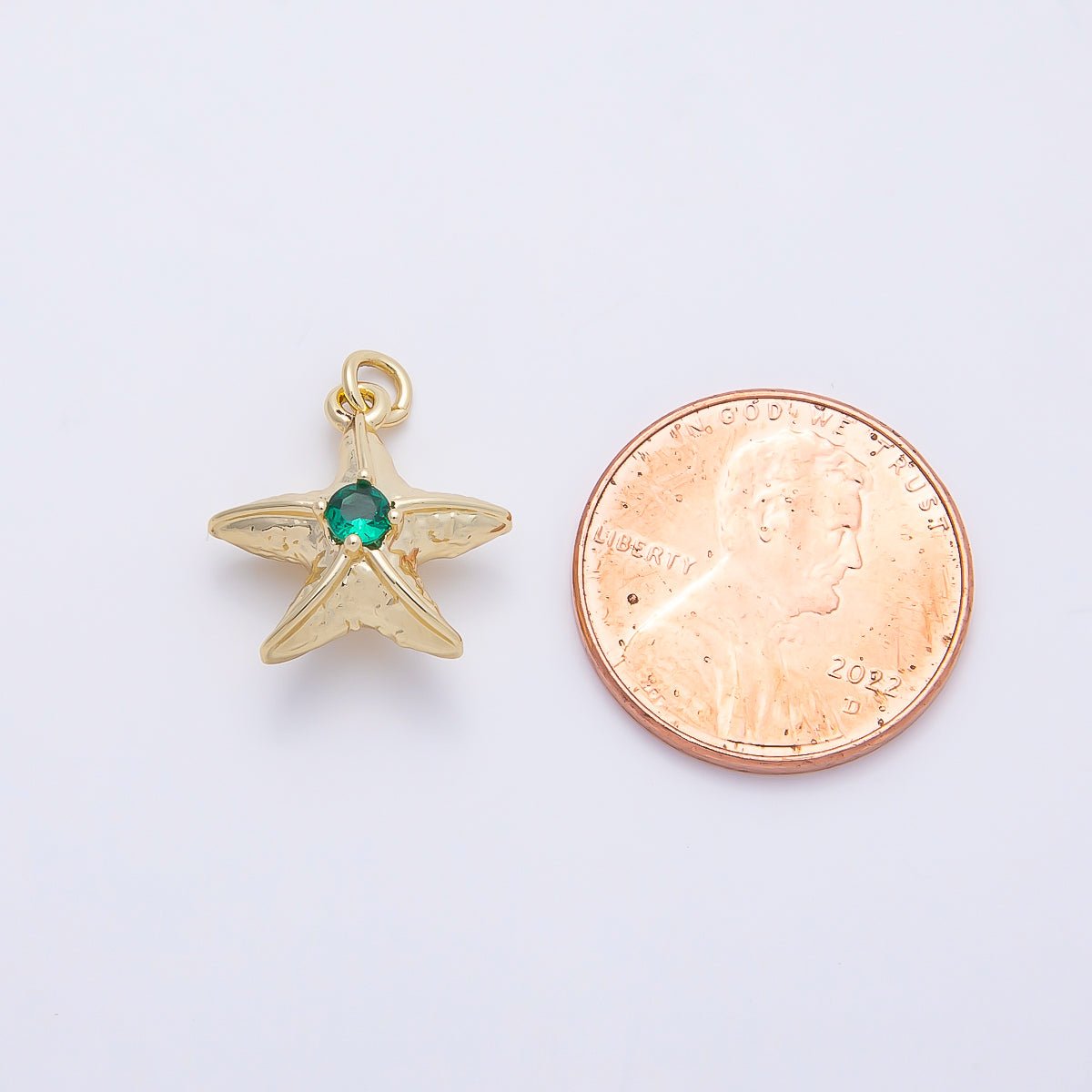 16K Gold Filled 14.5mm Green Teal CZ Textured 3D Multidimensional Starfish Charm | Charms-01255